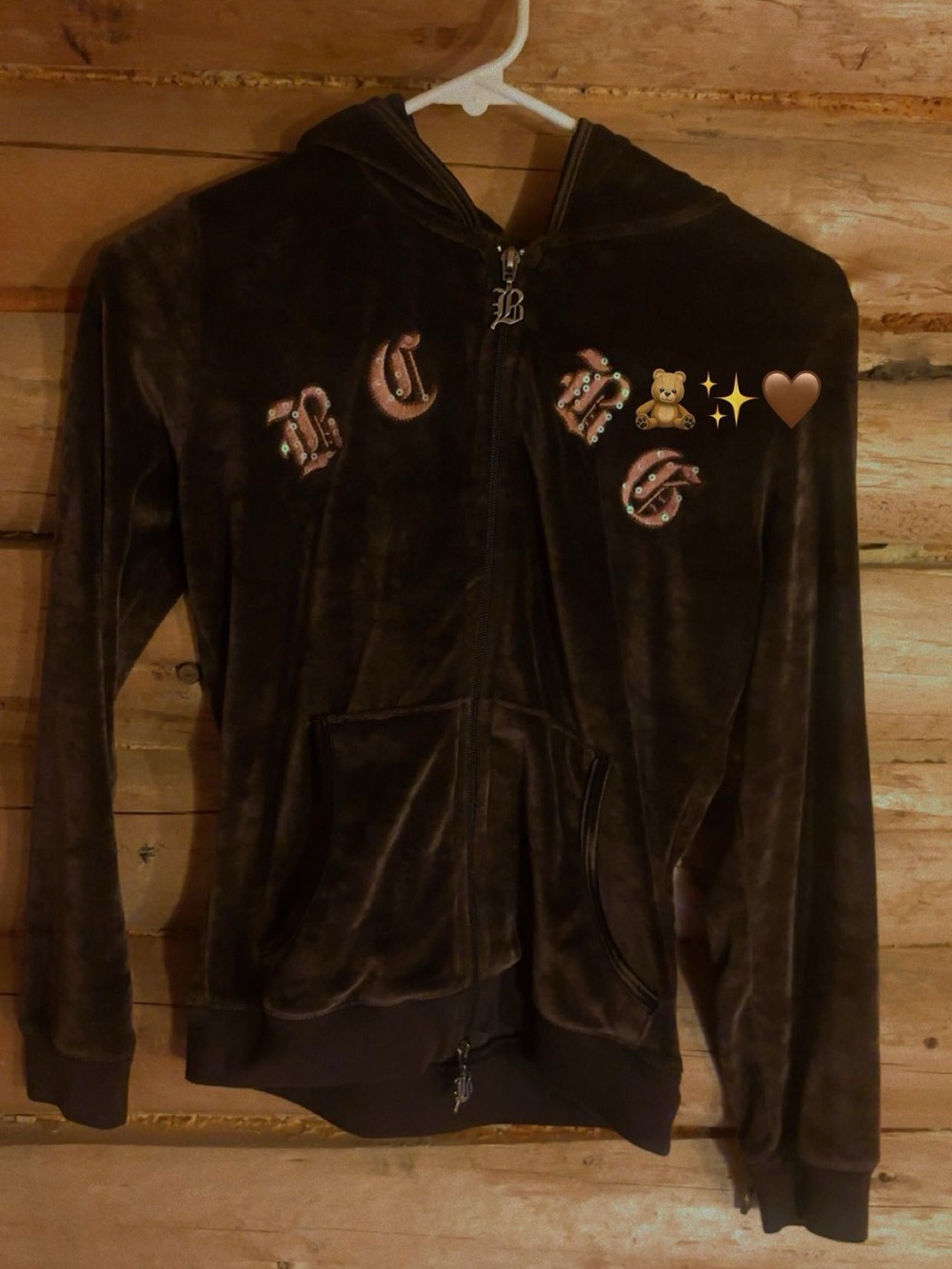 BCBGMaxAzria Brown Velvet Zip Hoodie with Embellished Logo